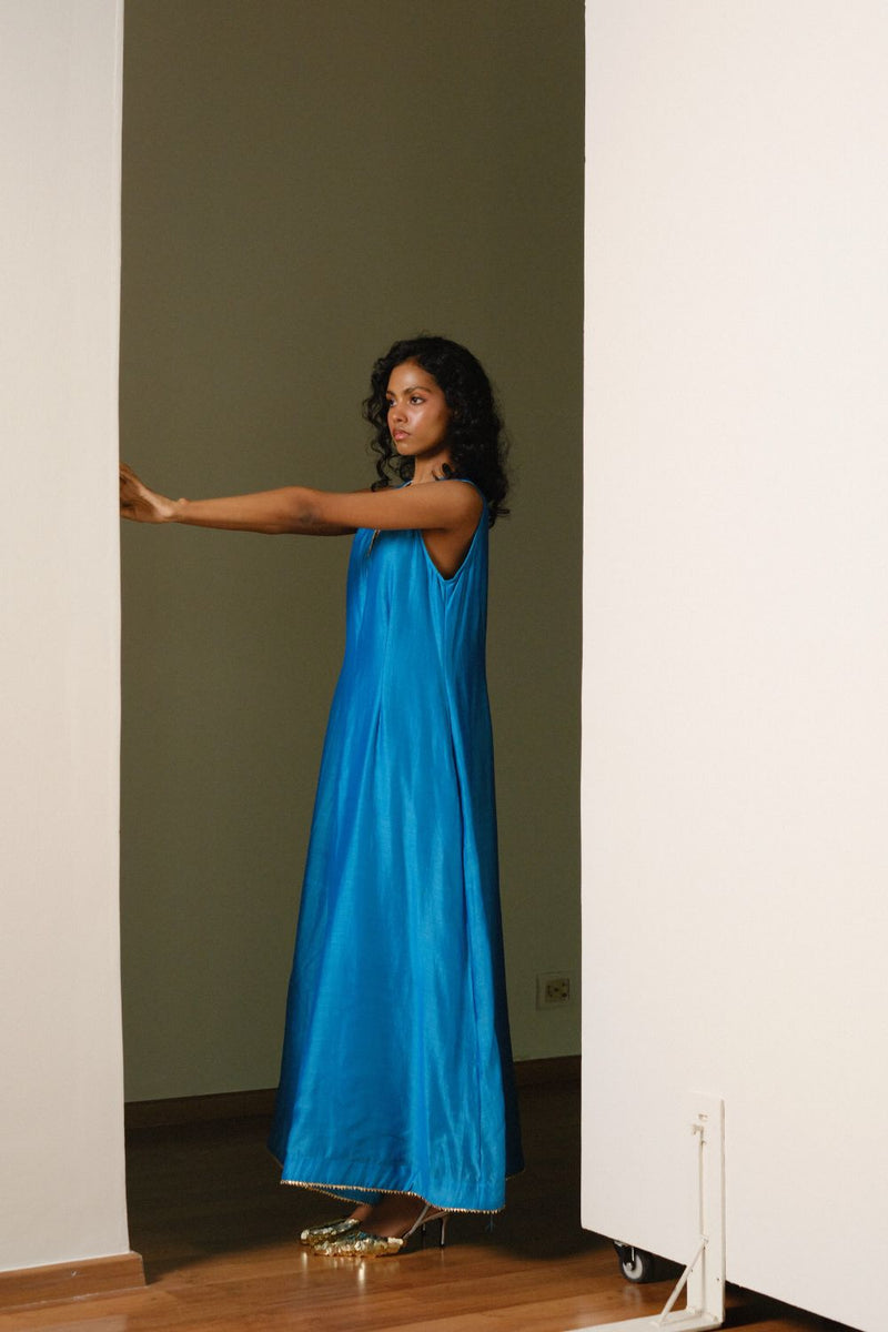 Ambar Jumpsuit chanderi by Khara Kapas in blue for women in Singapore