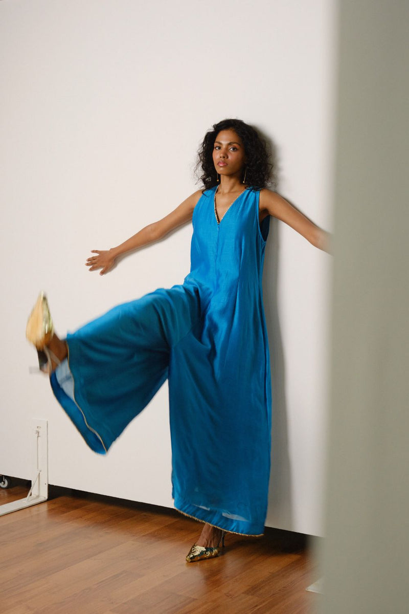 Ambar Jumpsuit chanderi by Khara Kapas in blue for women in Singapore