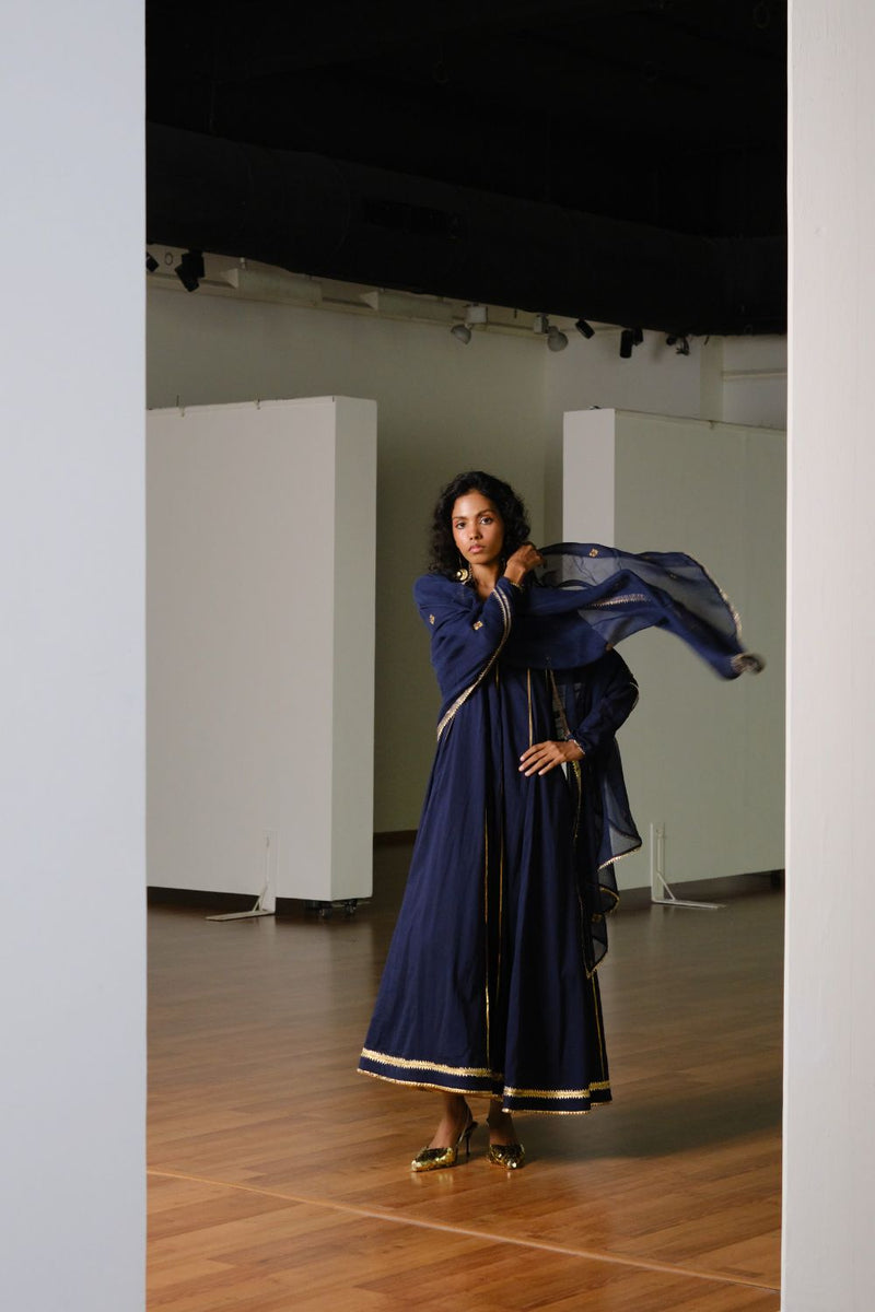 Tara Gown with Dupatta cotton by Khara Kapas in blue for women in Singapore