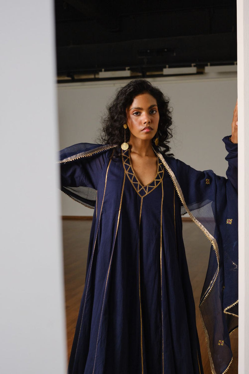 Tara Gown with Dupatta cotton by Khara Kapas in blue for women in Singapore