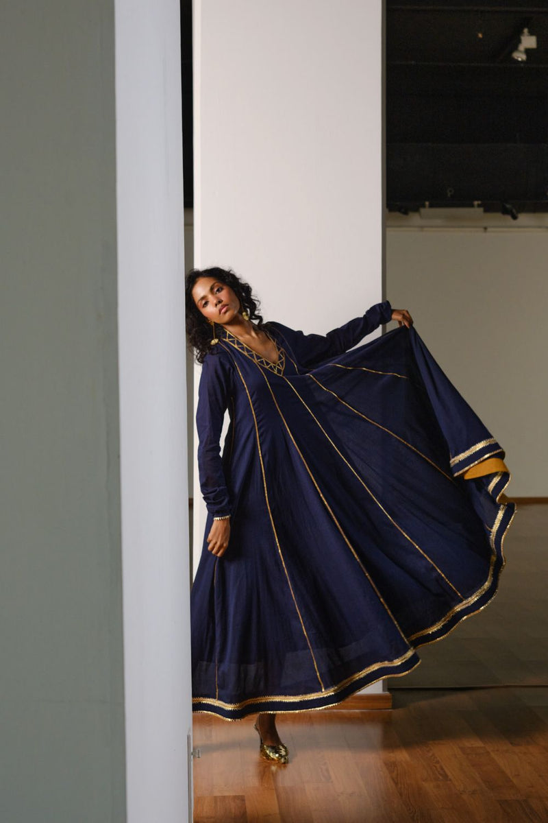 Tara Gown with Dupatta cotton by Khara Kapas in blue for women in Singapore