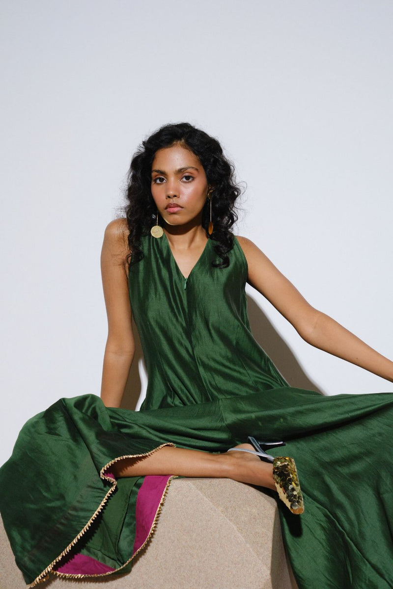 Emerald Jumpsuit silk by Khara Kapas in green for women in Singapore
