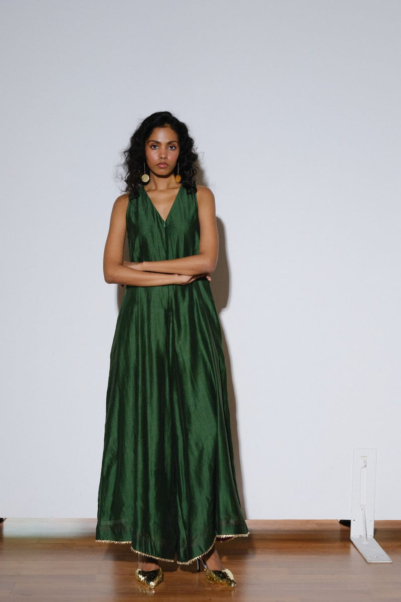 Emerald Jumpsuit silk by Khara Kapas in green for women in Singapore