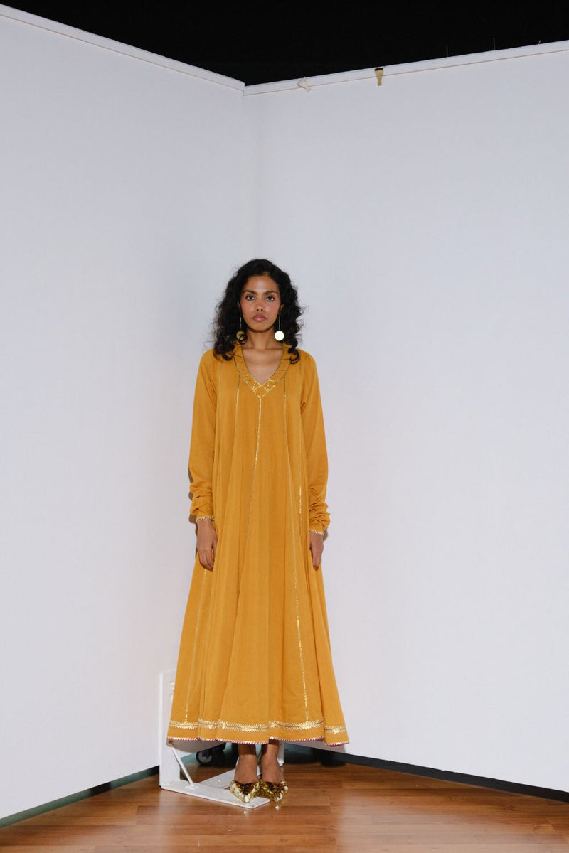 Kiran Gown with dupatta cotton by Khara Kapas in mustard for women in Singapore