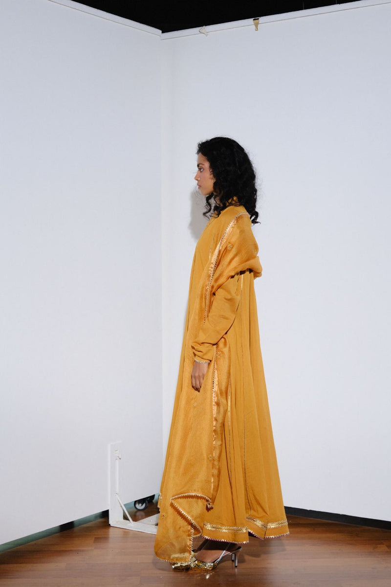 Kiran Gown with dupatta cotton by Khara Kapas in mustard for women in Singapore