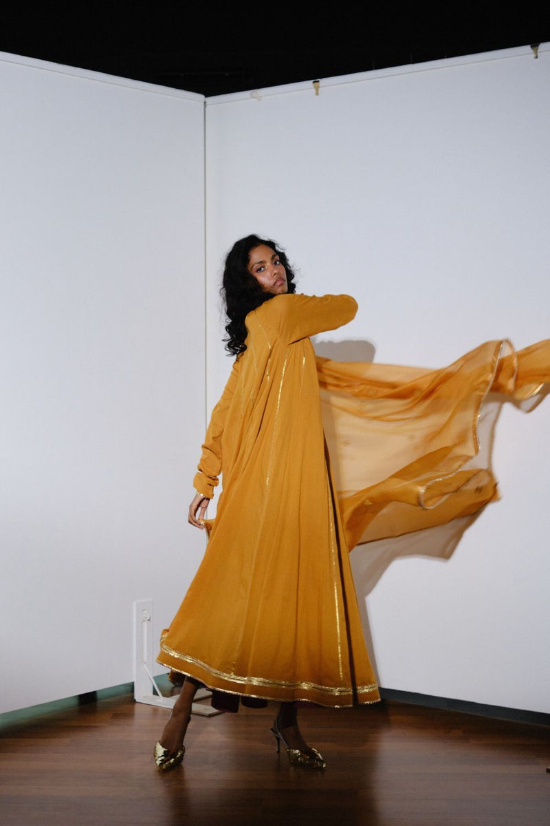 Kiran Gown with dupatta cotton by Khara Kapas in mustard for women in Singapore