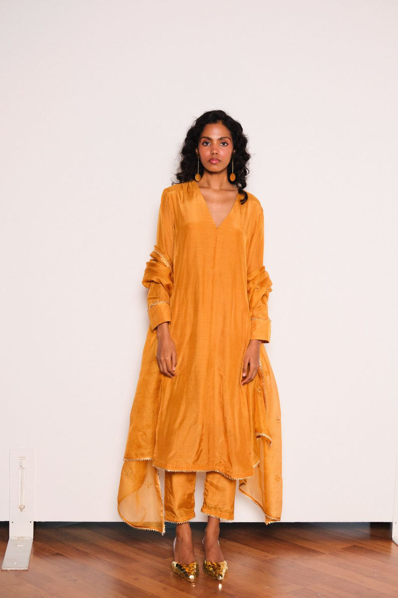 Noorani Kurta Set chanderi by Khara Kapas in mustard for women in Singapore