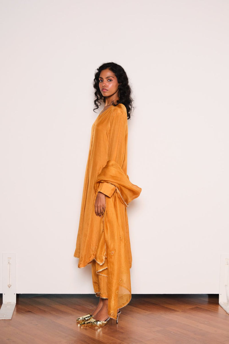 Noorani Kurta Set chanderi by Khara Kapas in mustard for women in Singapore
