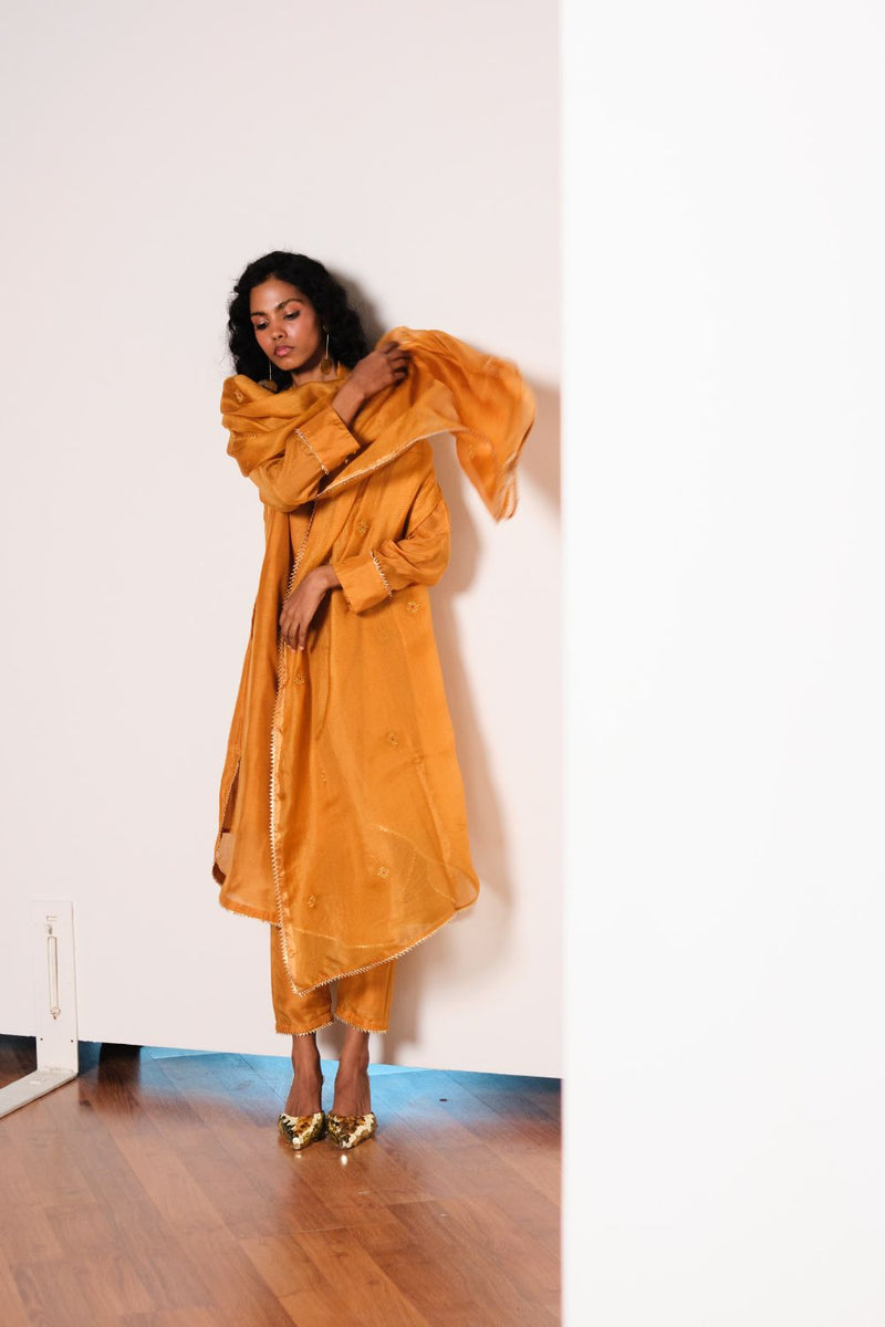 Noorani Kurta Set chanderi by Khara Kapas in mustard for women in Singapore