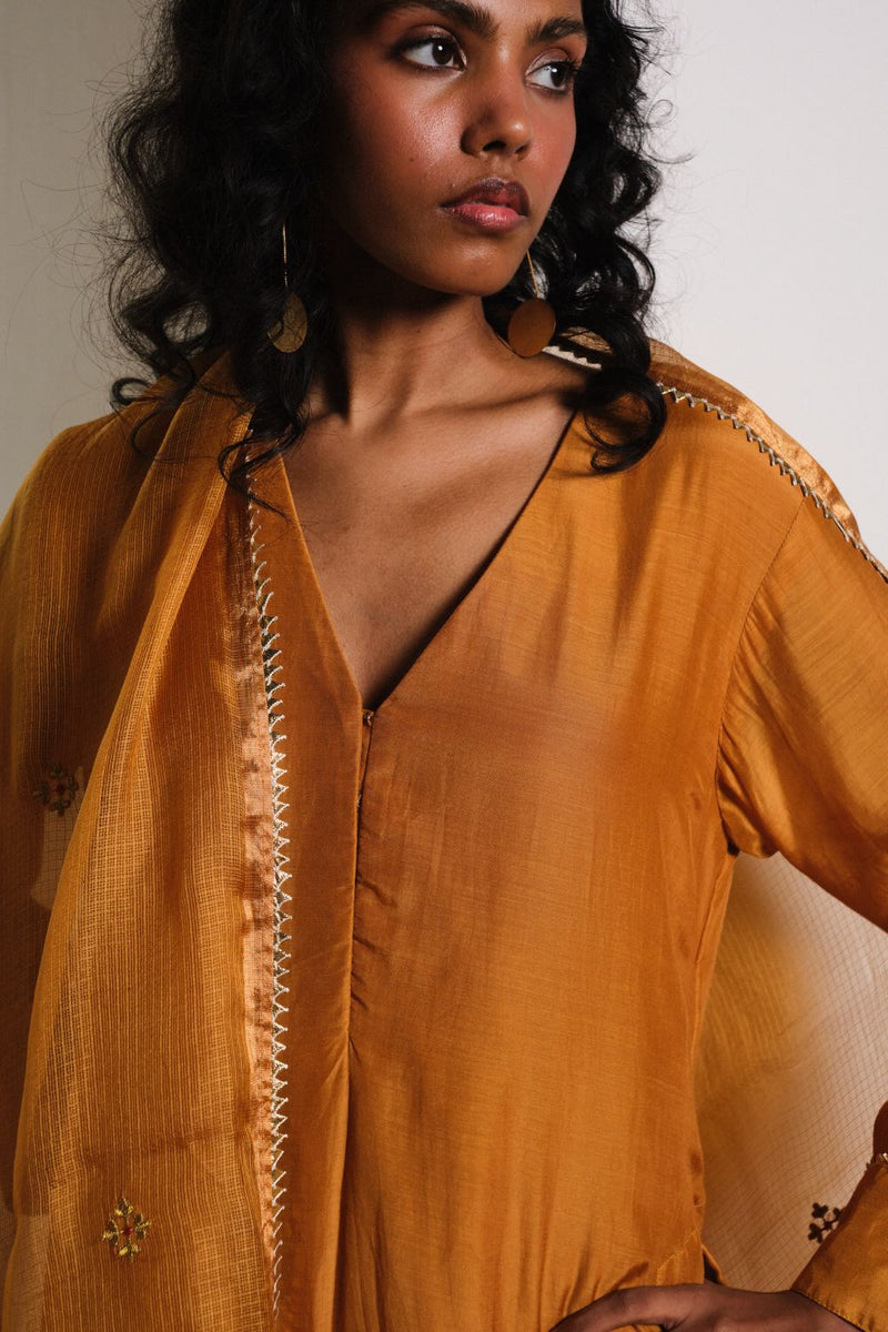 Noorani Kurta Set chanderi by Khara Kapas in mustard for women in Singapore