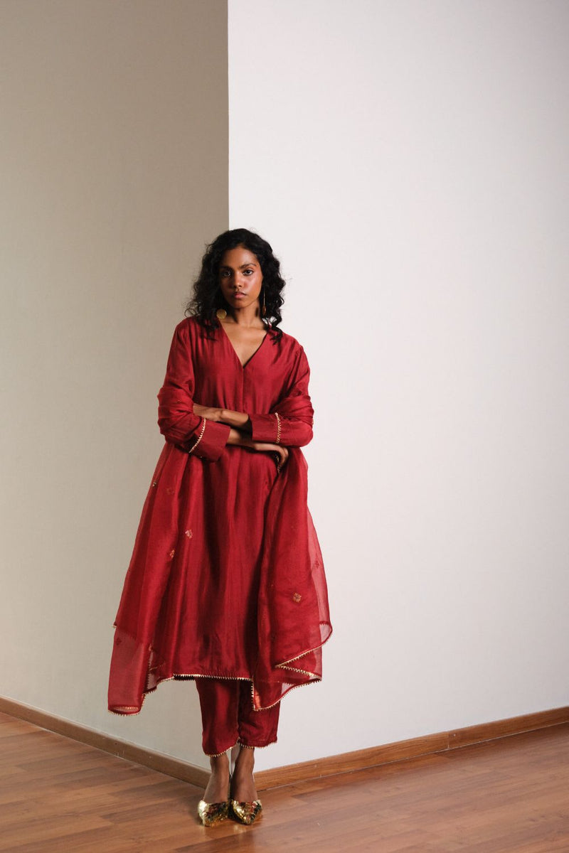 Kumkum Kurta Set chanderi by Khara Kapas in red for women in Singapore