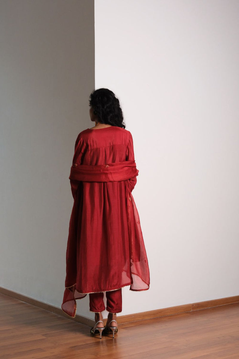 Kumkum Kurta Set chanderi by Khara Kapas in red for women in Singapore