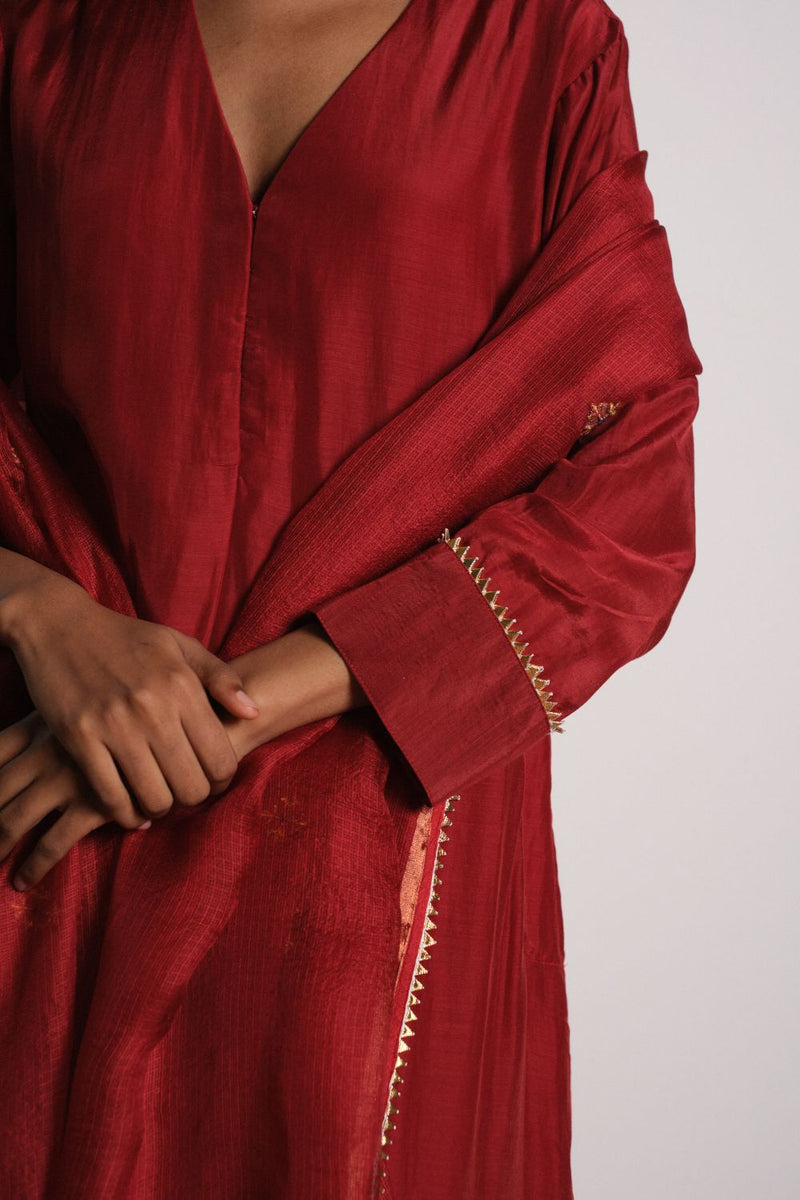 Kumkum Kurta Set chanderi by Khara Kapas in red for women in Singapore