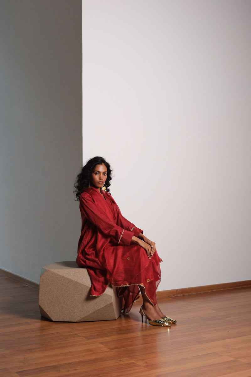 Kumkum Kurta Set chanderi by Khara Kapas in red for women in Singapore