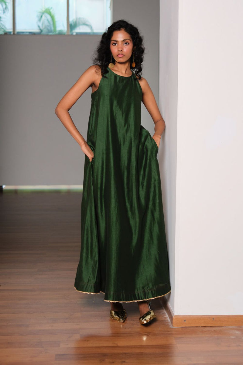 Vriksh Silk Gown chanderi by Khara Kapas in green for women in Singapore