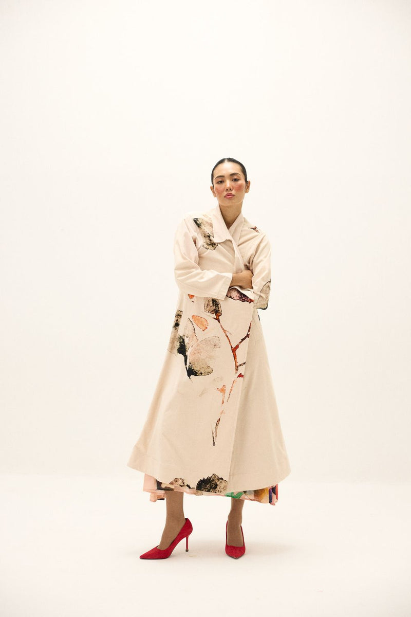 Clay Echo Trench Coat corduroy by Khara Kapas in white for women in Singapore