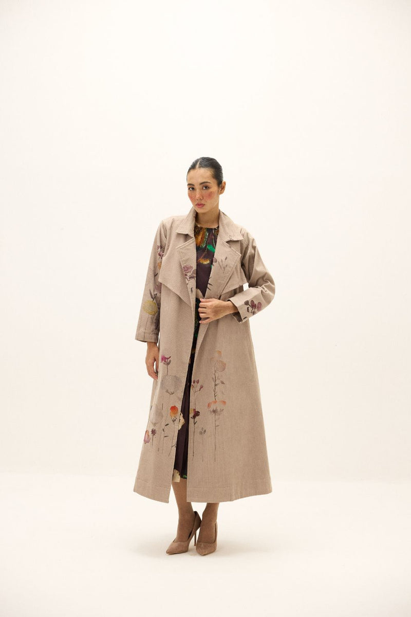 Taupe Trench Coat corduroy by Khara Kapas in grey for women in Singapore