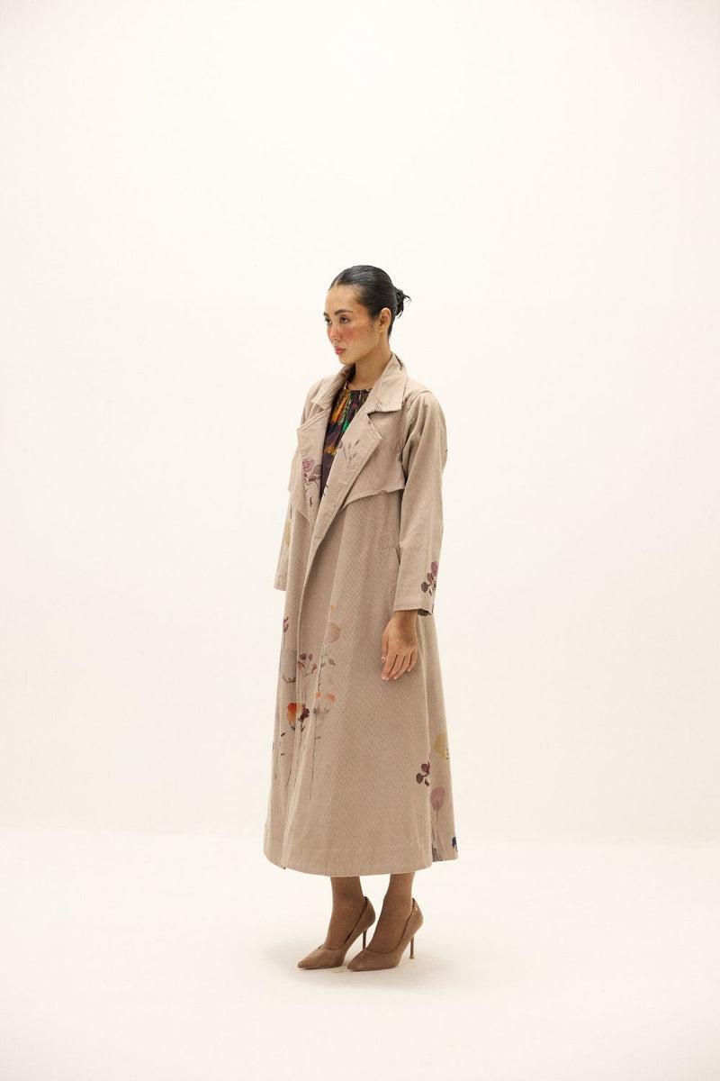 Taupe Trench Coat corduroy by Khara Kapas in grey for women in Singapore