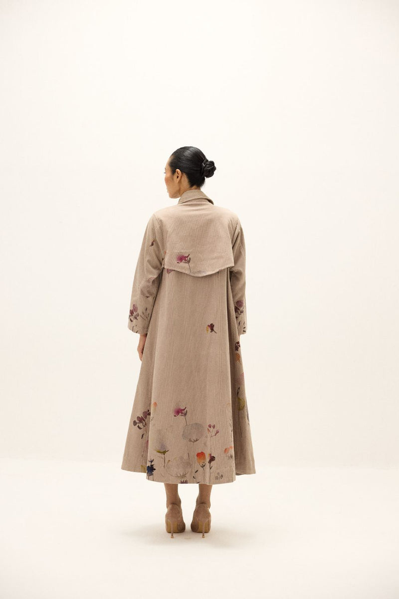Taupe Trench Coat corduroy by Khara Kapas in grey for women in Singapore