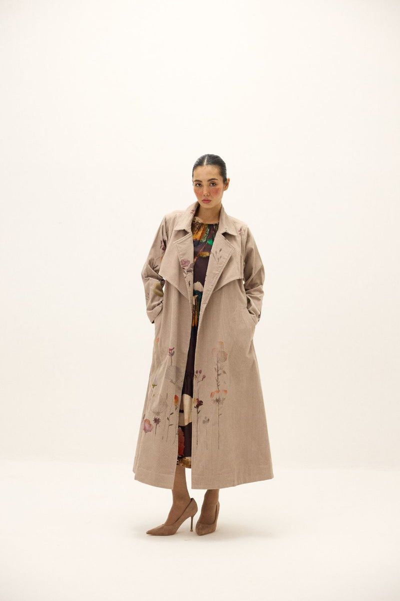 Taupe Trench Coat corduroy by Khara Kapas in grey for women in Singapore