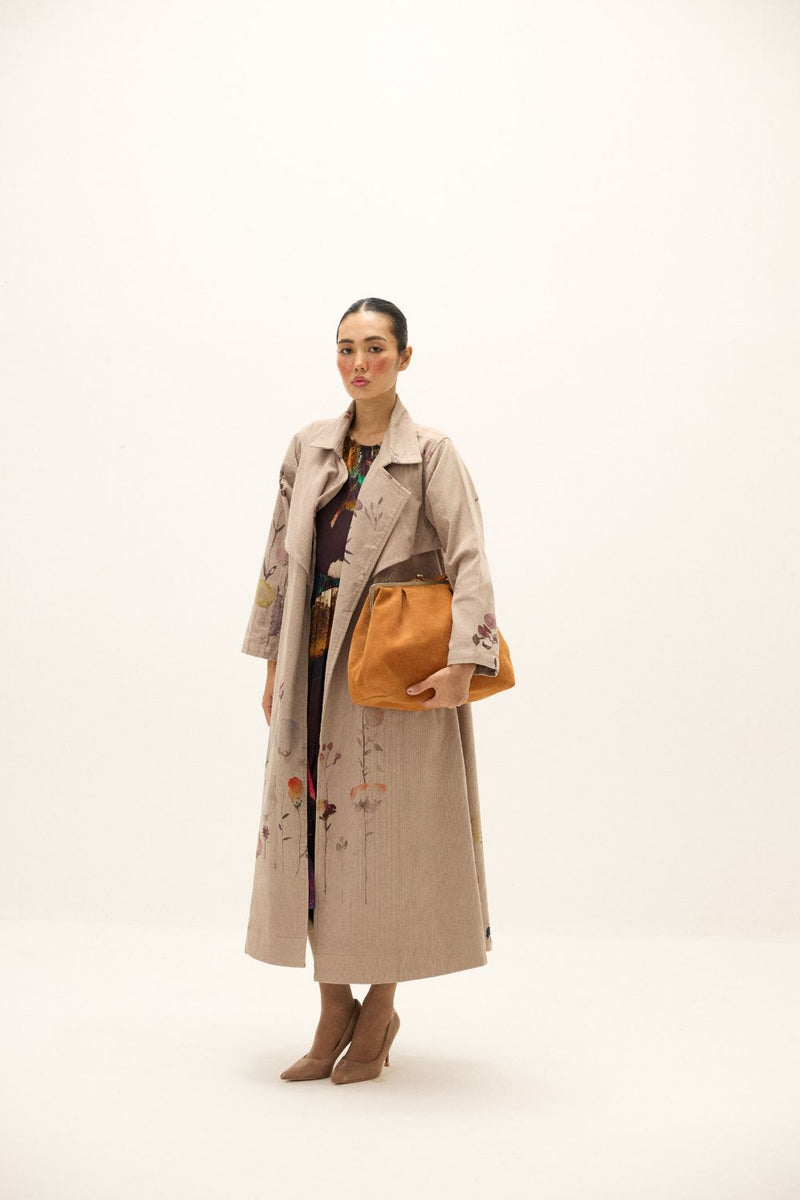 Taupe Trench Coat corduroy by Khara Kapas in grey for women in Singapore