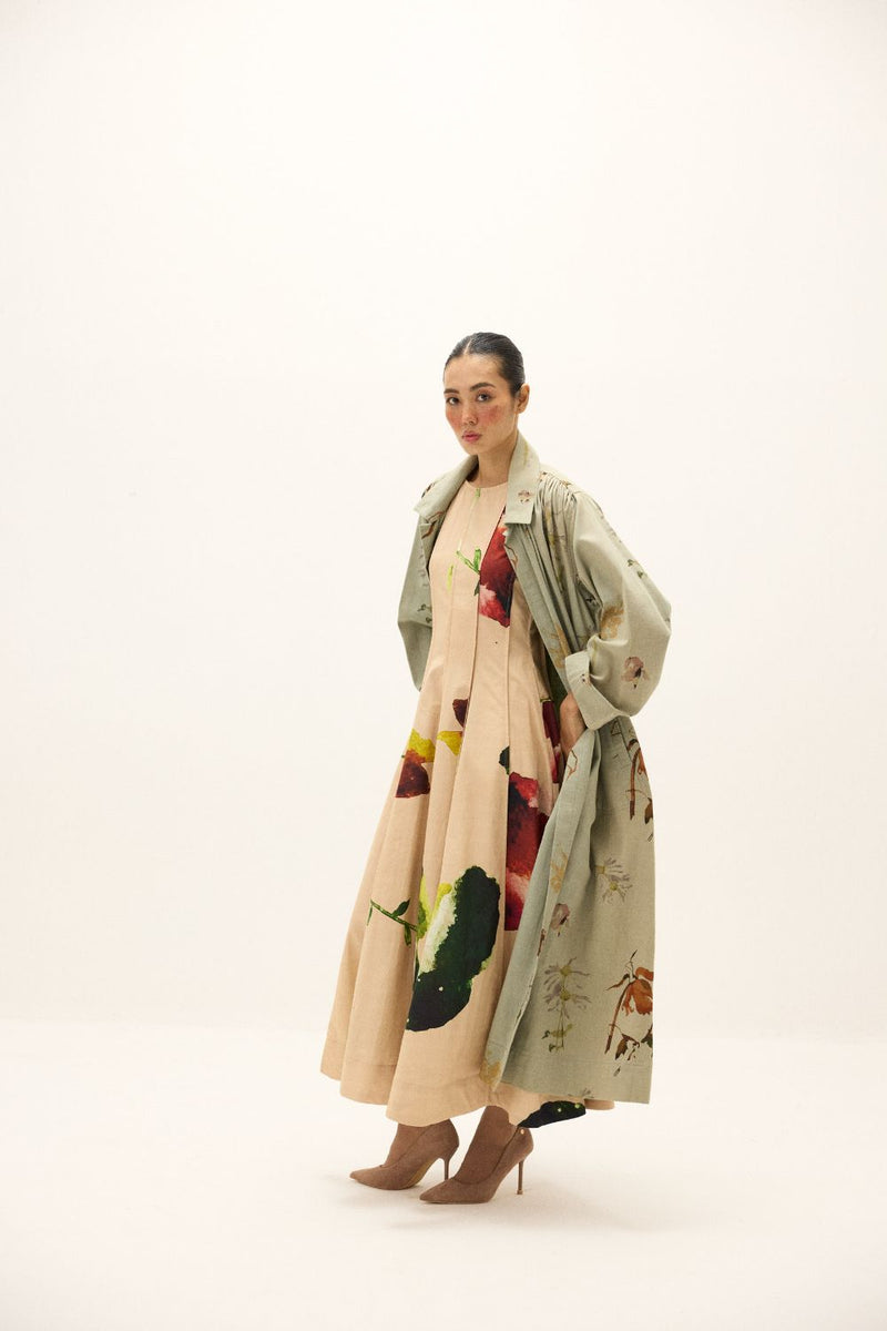 Chateau Trench Coat by Khara Kapas in green for women in Singapore