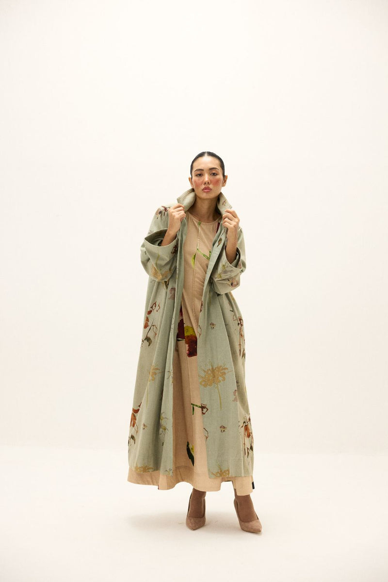 Chateau Trench Coat by Khara Kapas in green for women in Singapore