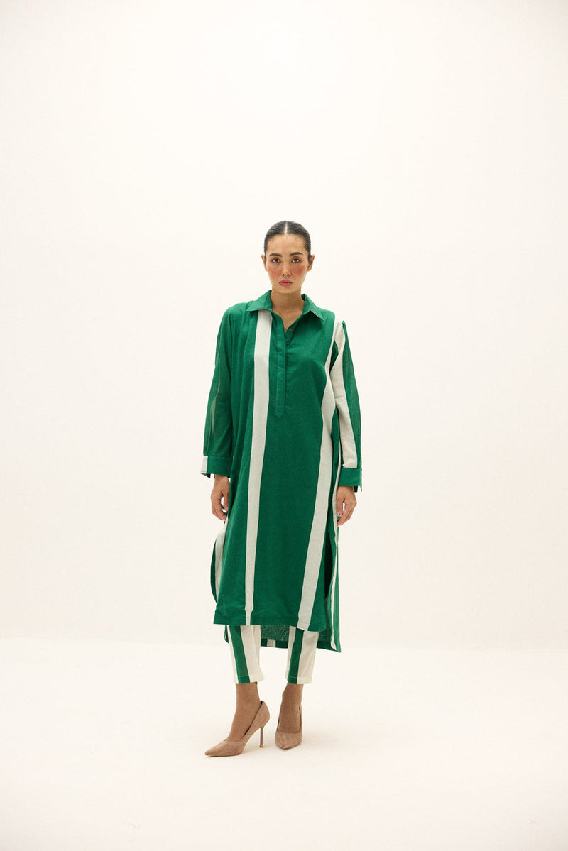 Streamlines Co-ord Set cotton co-ord set by Khara Kapas in green, white for women in Singapore