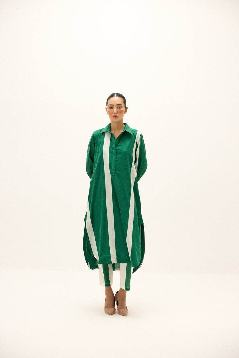Streamlines Co-ord Set cotton co-ord set by Khara Kapas in green, white for women in Singapore