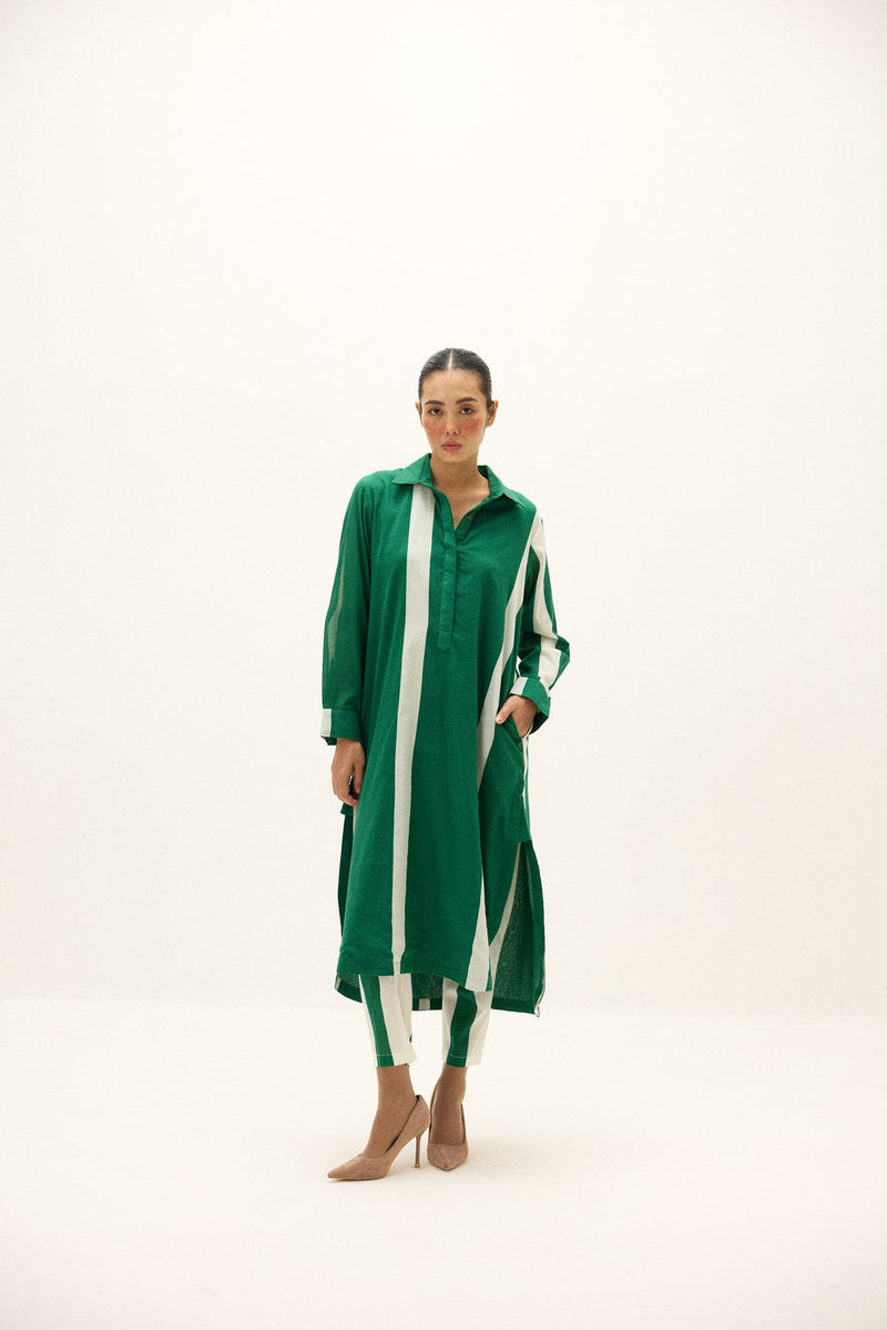 Streamlines Co-ord Set cotton co-ord set by Khara Kapas in green, white for women in Singapore