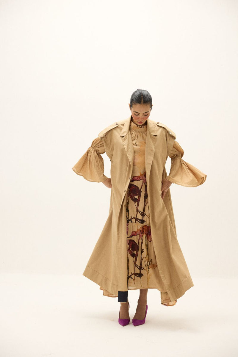 Chestnut Trench Coat twill by Khara Kapas in beige for women in Singapore