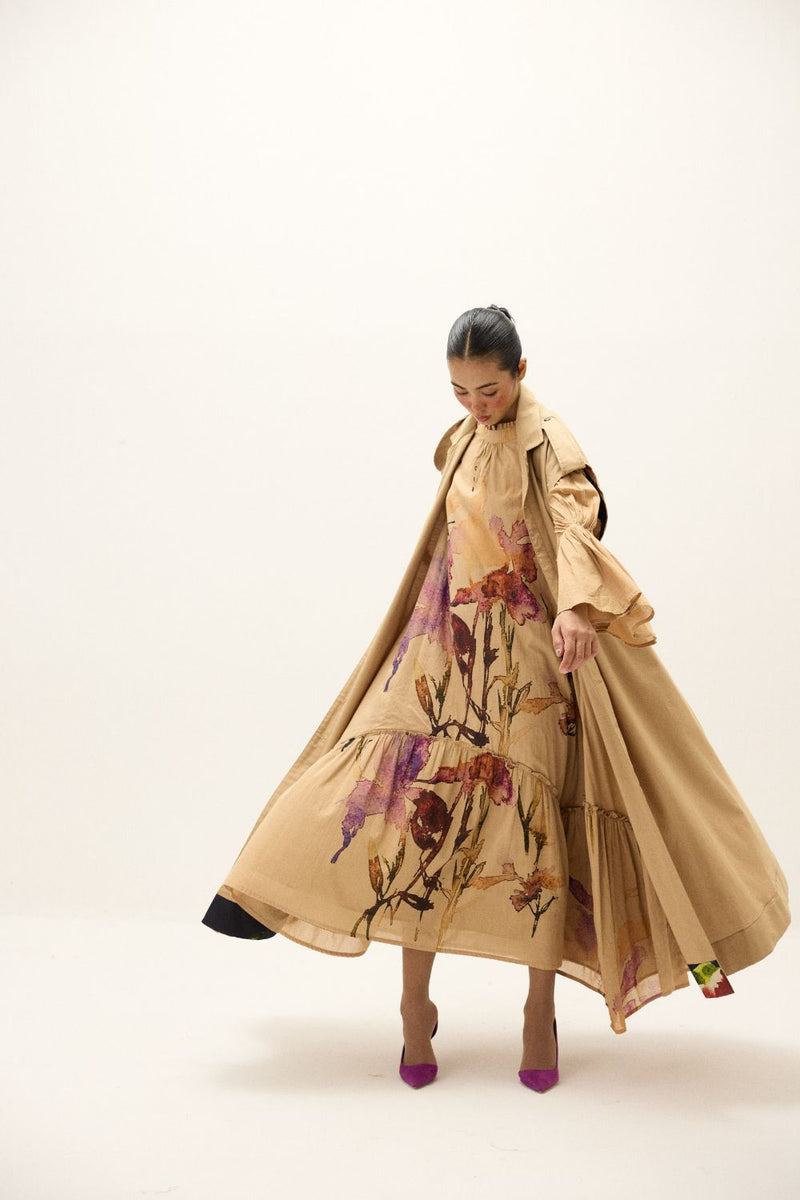 Chestnut Trench Coat twill by Khara Kapas in beige for women in Singapore