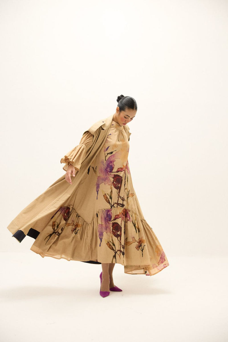 Chestnut Trench Coat twill by Khara Kapas in beige for women in Singapore