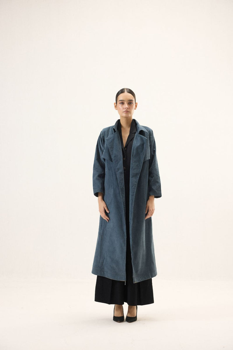 Deep Tide Trench Coat corduroy by Khara Kapas in blue for women in Singapore
