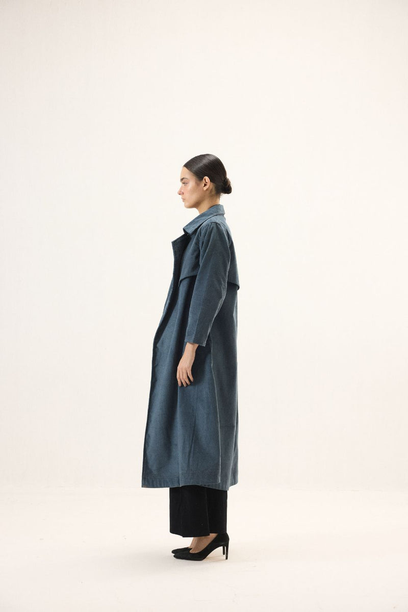 Deep Tide Trench Coat corduroy by Khara Kapas in blue for women in Singapore