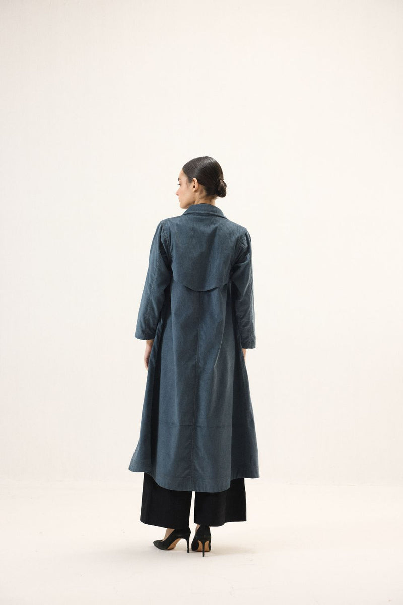 Deep Tide Trench Coat corduroy by Khara Kapas in blue for women in Singapore
