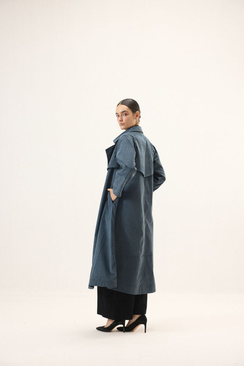 Deep Tide Trench Coat corduroy by Khara Kapas in blue for women in Singapore