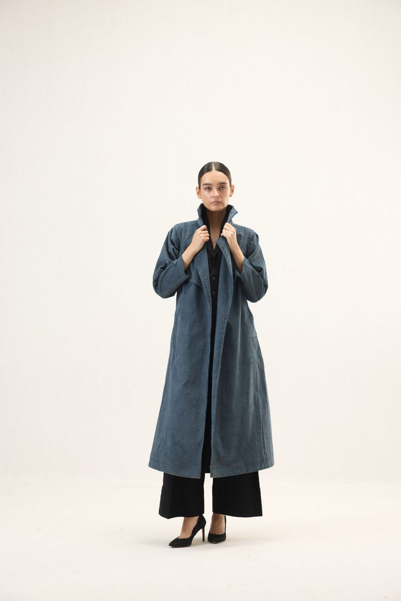Deep Tide Trench Coat corduroy by Khara Kapas in blue for women in Singapore