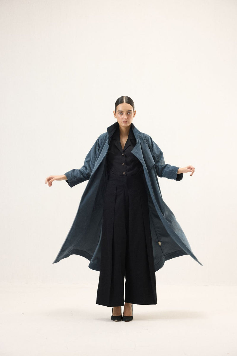 Deep Tide Trench Coat corduroy by Khara Kapas in blue for women in Singapore