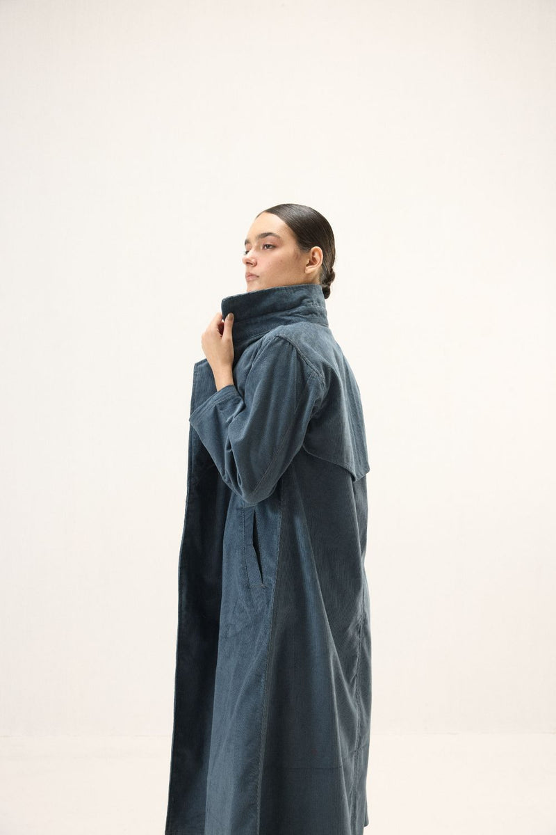 Deep Tide Trench Coat corduroy by Khara Kapas in blue for women in Singapore