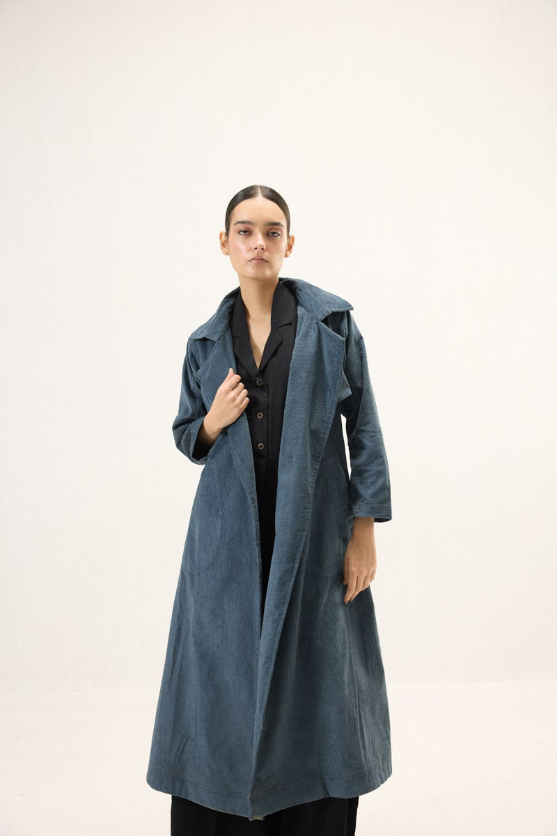 Deep Tide Trench Coat corduroy by Khara Kapas in blue for women in Singapore