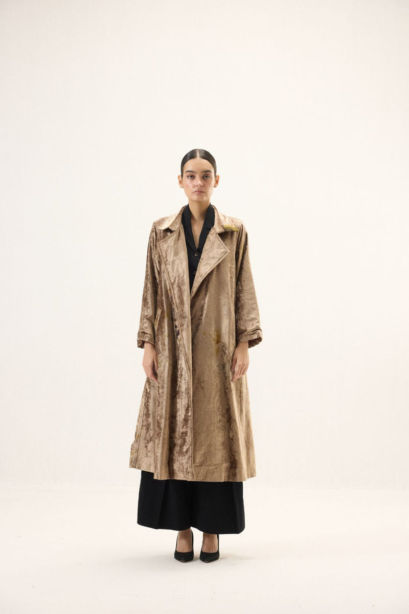 Glint Trench Coat by Khara Kapas in gold for women in Singapore