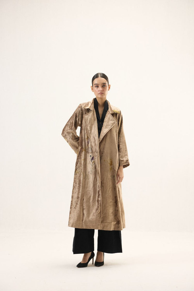 Glint Trench Coat by Khara Kapas in gold for women in Singapore