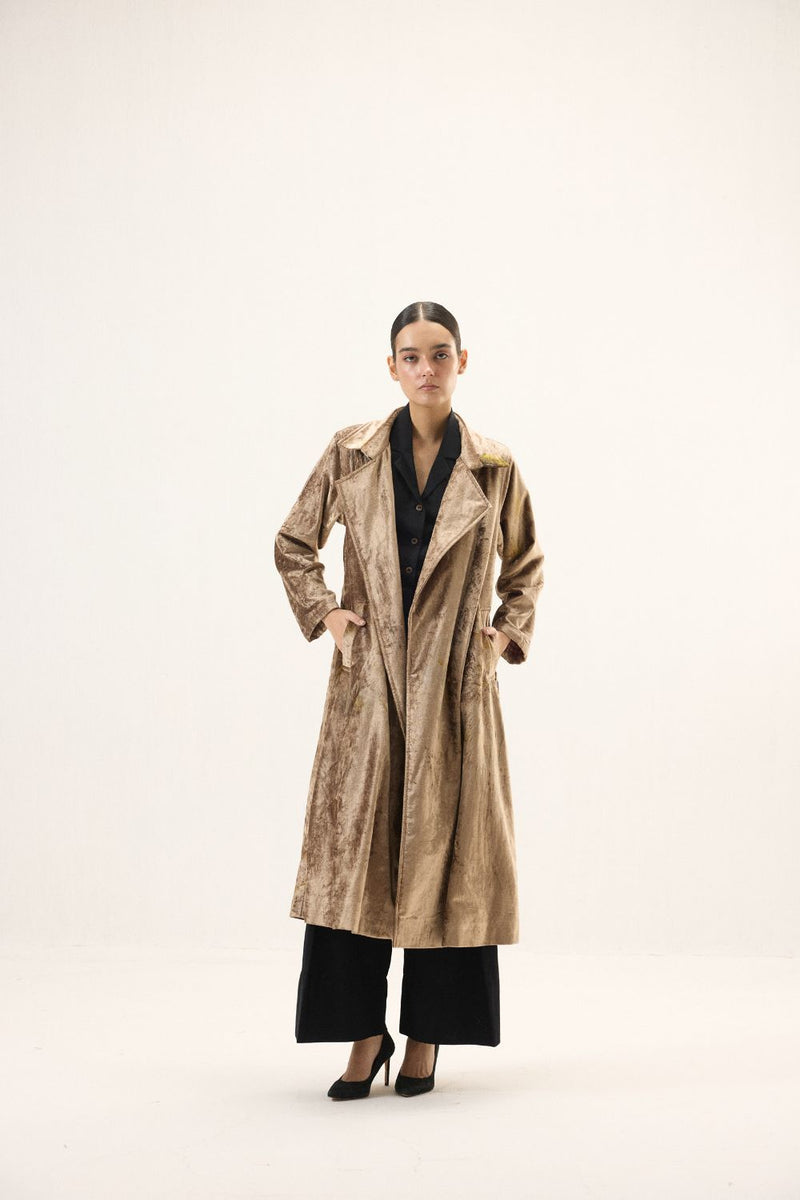Glint Trench Coat by Khara Kapas in gold for women in Singapore
