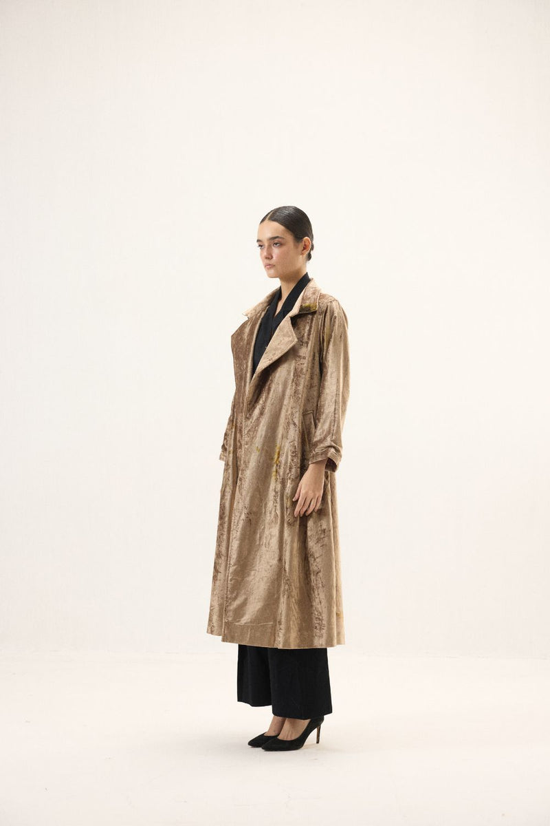 Glint Trench Coat by Khara Kapas in gold for women in Singapore