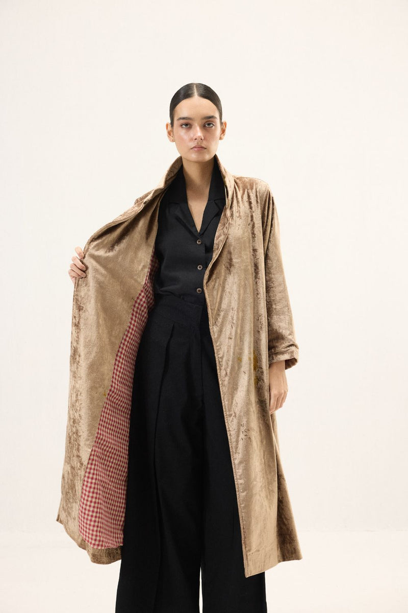 Glint Trench Coat by Khara Kapas in gold for women in Singapore