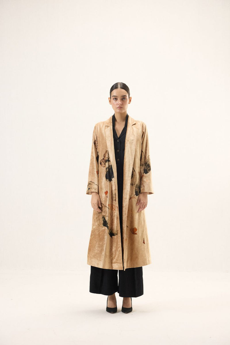 Soft Gold Trench Coat by Khara Kapas in gold for women in Singapore