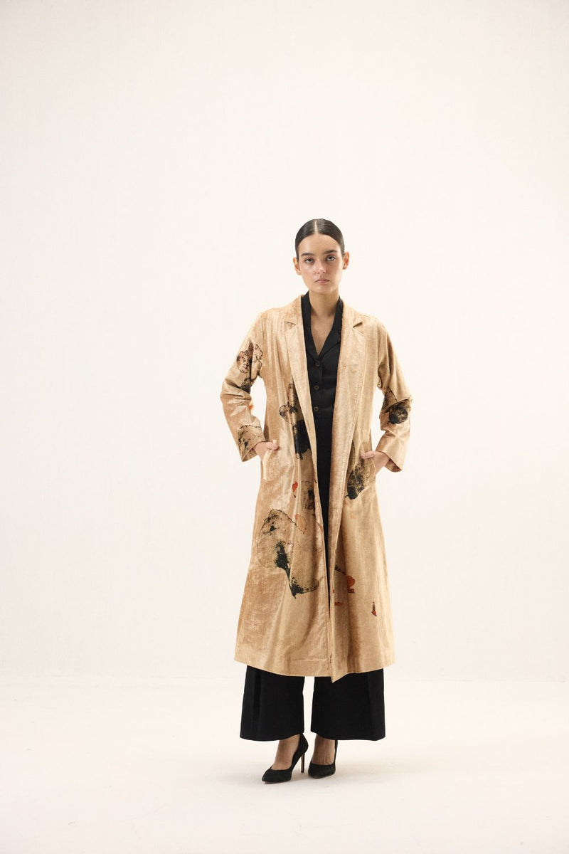 Soft Gold Trench Coat by Khara Kapas in gold for women in Singapore