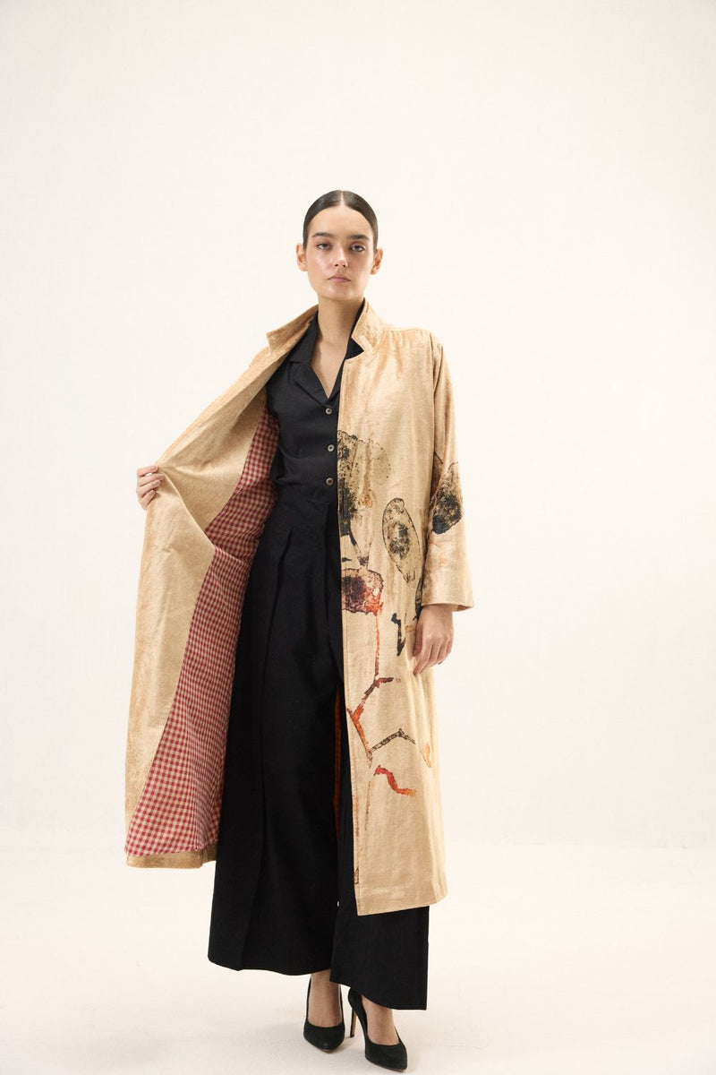 Soft Gold Trench Coat by Khara Kapas in gold for women in Singapore