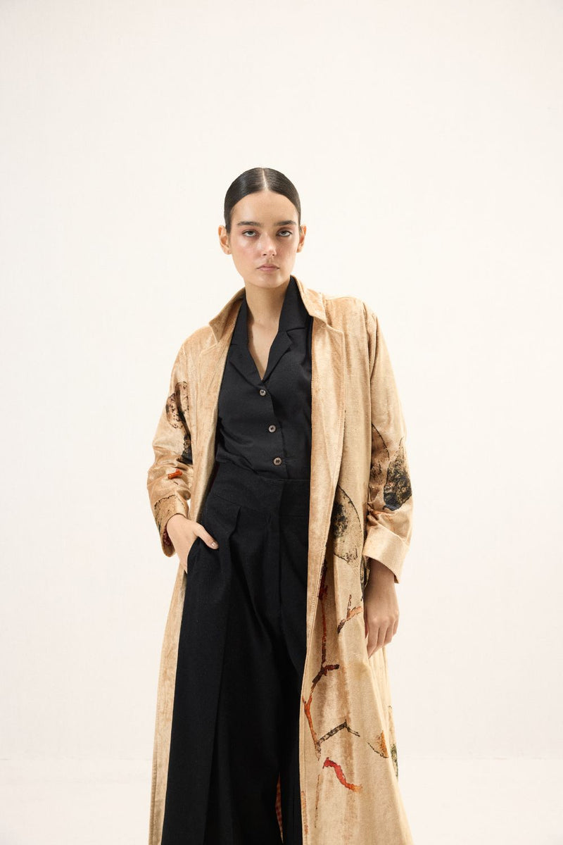 Soft Gold Trench Coat by Khara Kapas in gold for women in Singapore